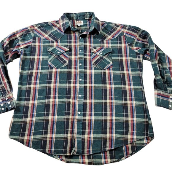 Ely Cattleman Flannel Shirt Mens XL Green Pearl Snap Plaid Western Cowboy Heavy - Picture 1 of 7
